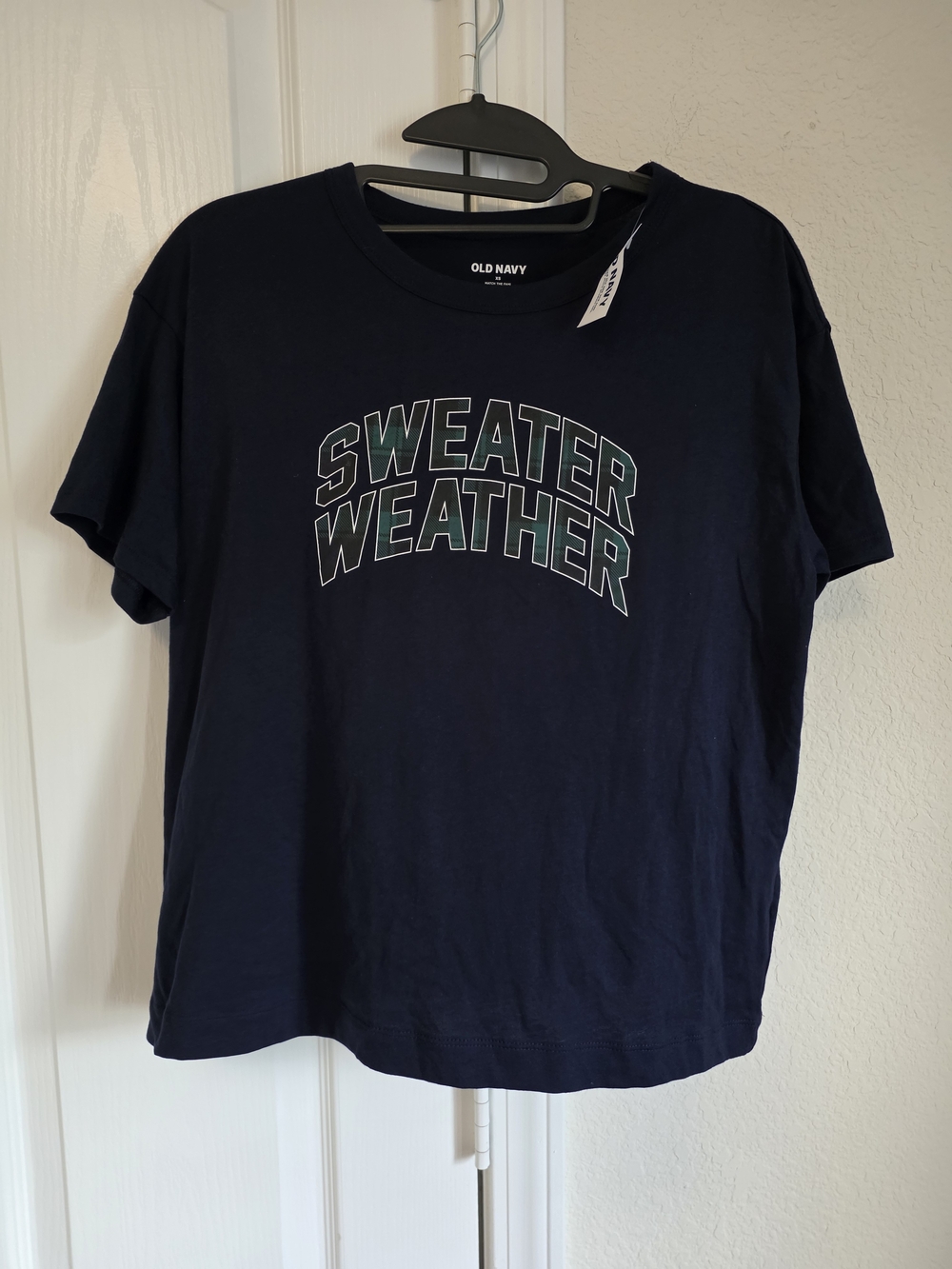 Old Navy Navy Tee with 'Sweater Weather' Green Graphic